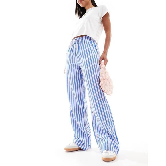 Bershka tie waist wide leg linen look trousers in blue & pink stripe Size M - Picture 1 of 9
